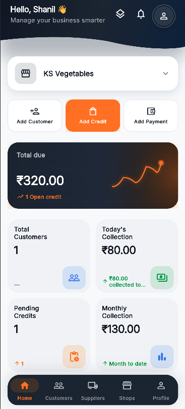 Baakyo mobile app dashboard with total due, quick actions, stats, and recent activity